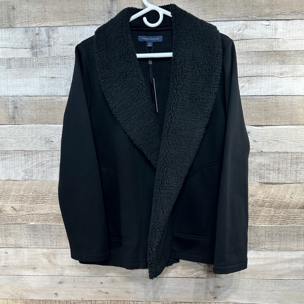 Tommy Hilfiger Womens Black Sherpa Shawl Collar Open Front Fleece Cardigan S NEW